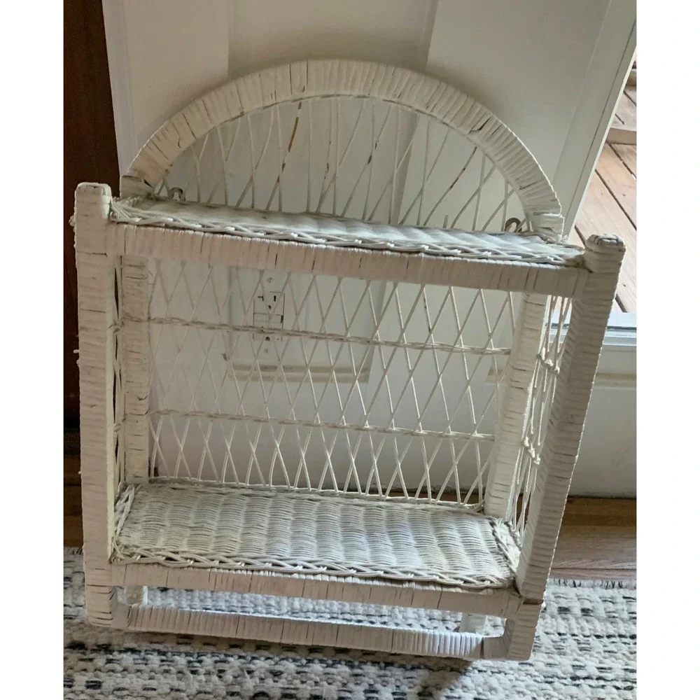Vintage White Wicker Wall Shelf Arched Rattan 2 Tier Towel Bar Boho Cottagecore